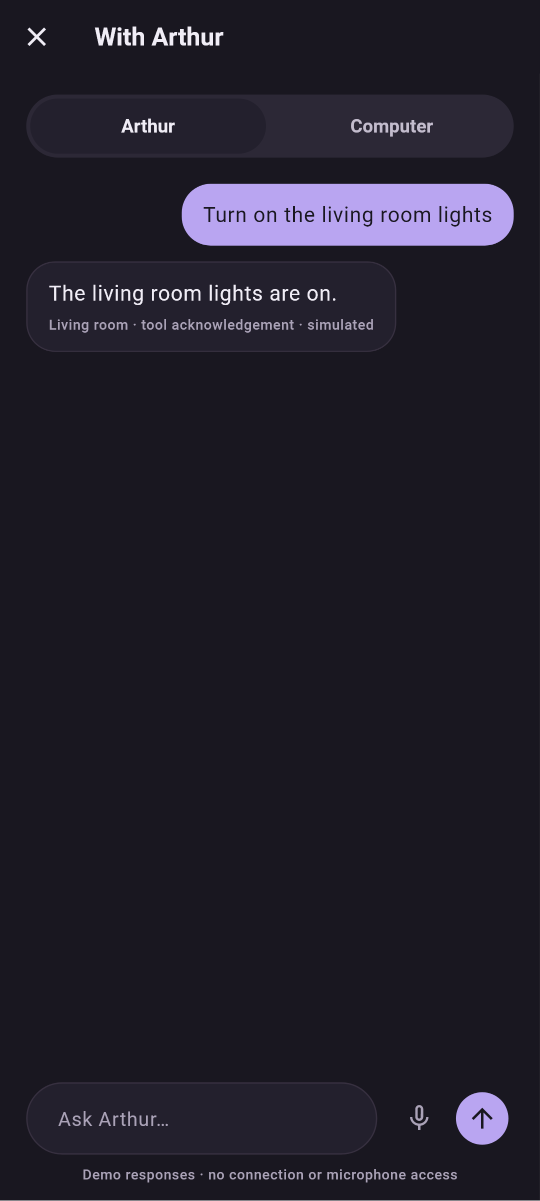 Conversation screen: the request to turn on the living room lights and the simulated confirmation.