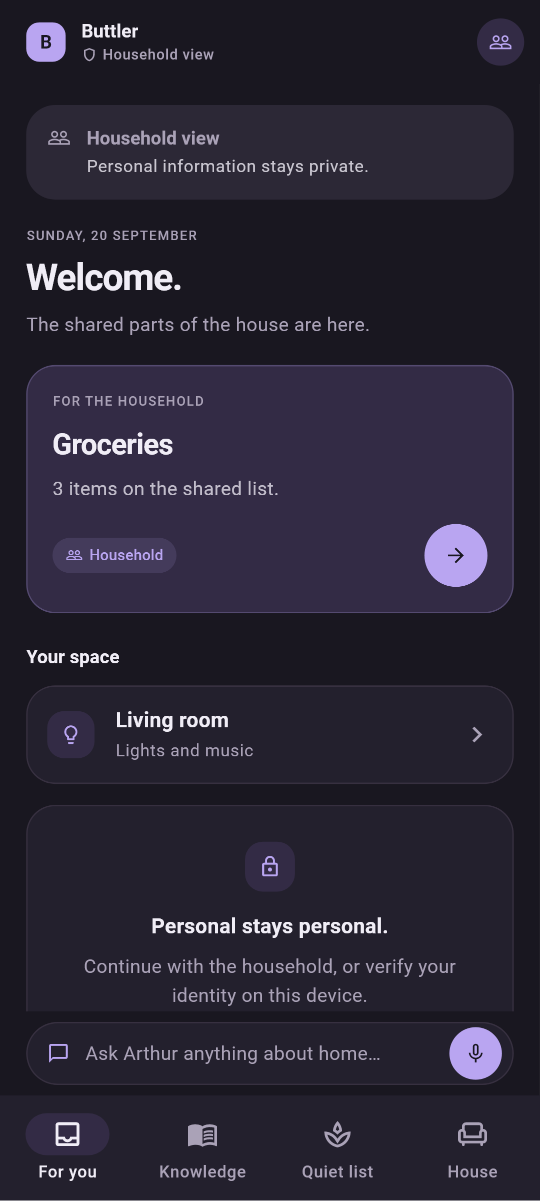 Buttler phone app in the household view: a shared grocery list, the living room, and a note that personal content stays hidden until the user verifies on the device.